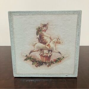Christmas Kitschy Kitty Cat Kitten Riding Horse Holly Berries Box 5.75in x 2.5in